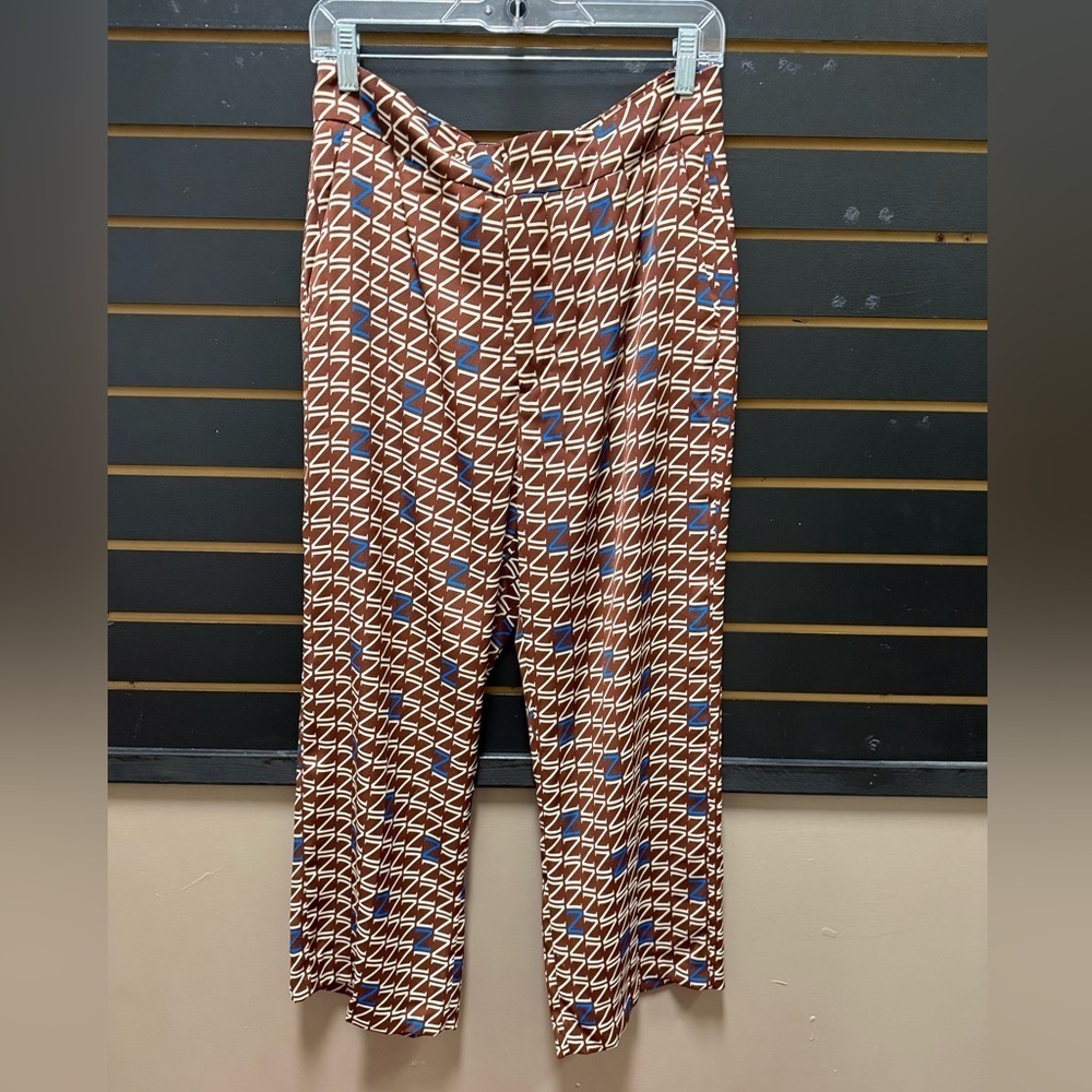 Zara Logo Print Straight Leg Pants Brown Blue White Womens L NWT